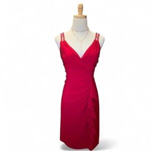 Vintage Y2K Caché Red Mini Dress Size 8 Beaded Straps Bodycon Fit Glam